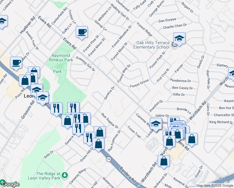 map of restaurants, bars, coffee shops, grocery stores, and more near 6107 Royal Sun Street in San Antonio