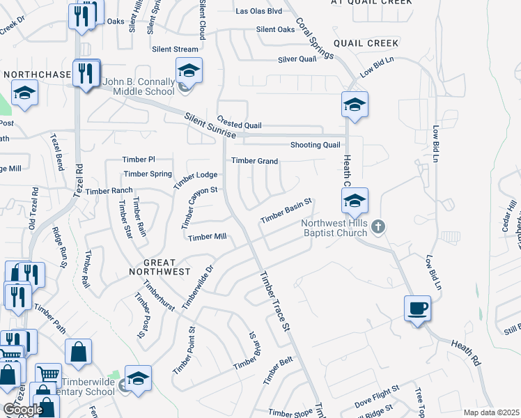 map of restaurants, bars, coffee shops, grocery stores, and more near 8354 Timber Cabin in San Antonio
