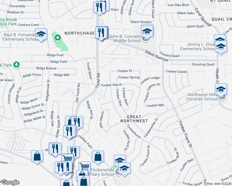 map of restaurants, bars, coffee shops, grocery stores, and more near 5738 Timber Star in San Antonio