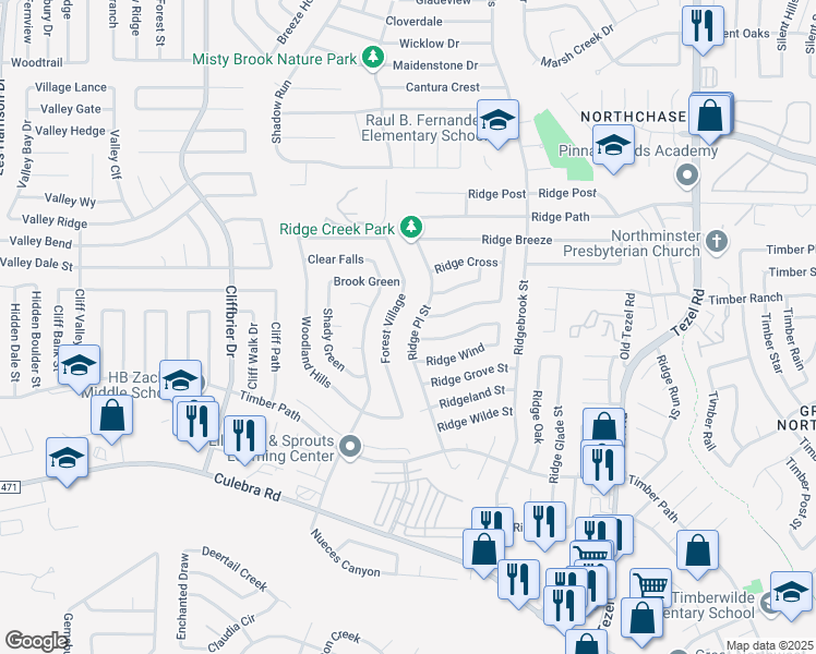 map of restaurants, bars, coffee shops, grocery stores, and more near 9251 Ridge Town in San Antonio