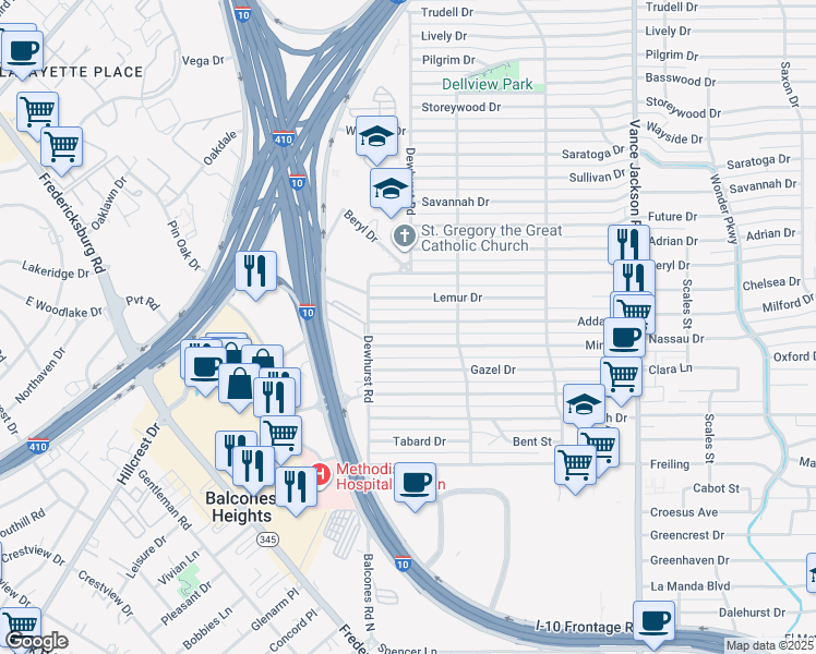 map of restaurants, bars, coffee shops, grocery stores, and more near 335 Addax Drive in San Antonio