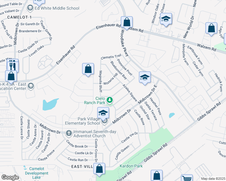 map of restaurants, bars, coffee shops, grocery stores, and more near 6102 Plumbago Place in San Antonio