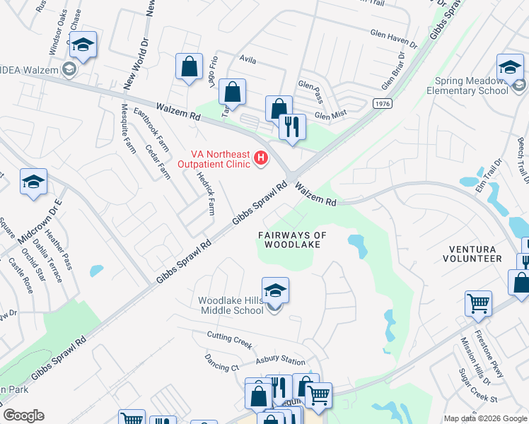 map of restaurants, bars, coffee shops, grocery stores, and more near 7103 Winding Shelf in San Antonio
