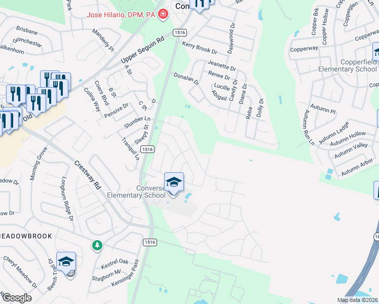 map of restaurants, bars, coffee shops, grocery stores, and more near 6918 Titan Way in Converse