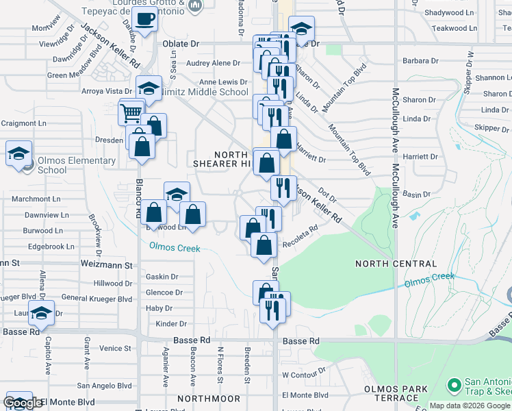 map of restaurants, bars, coffee shops, grocery stores, and more near 116 Nova Mae Drive in San Antonio