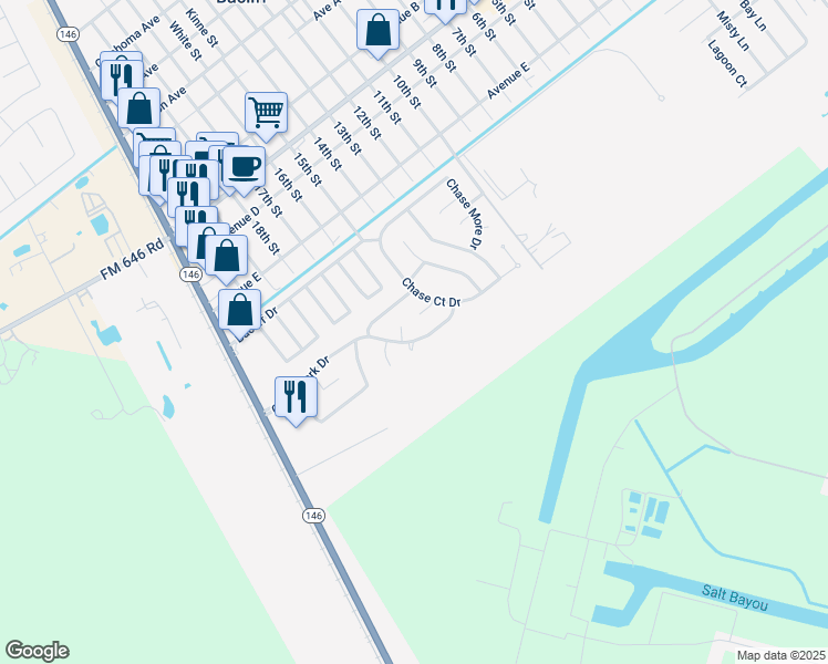 map of restaurants, bars, coffee shops, grocery stores, and more near 946 Chase Park Drive in Bacliff