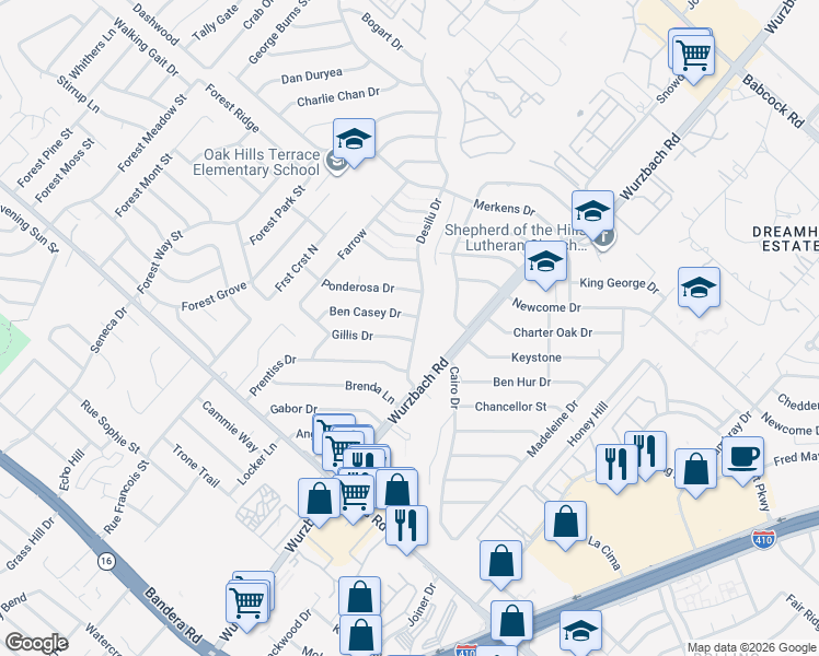 map of restaurants, bars, coffee shops, grocery stores, and more near 6714 Desilu Drive in San Antonio