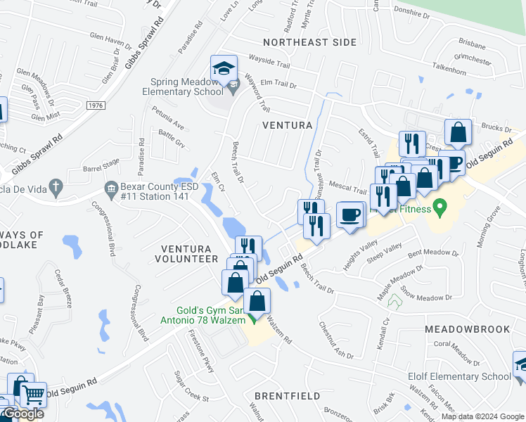 map of restaurants, bars, coffee shops, grocery stores, and more near 7515 Copper Trail Drive in San Antonio