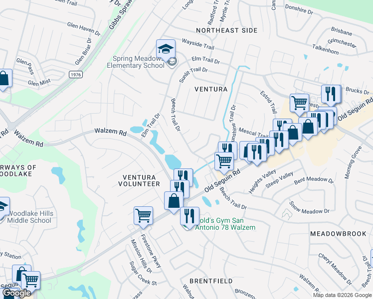 map of restaurants, bars, coffee shops, grocery stores, and more near 8002 Coral Trail in San Antonio