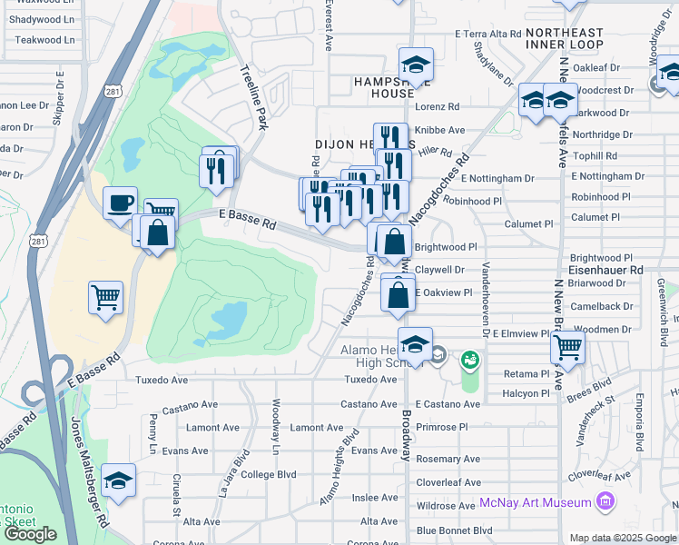 map of restaurants, bars, coffee shops, grocery stores, and more near 970 East Basse Road in San Antonio