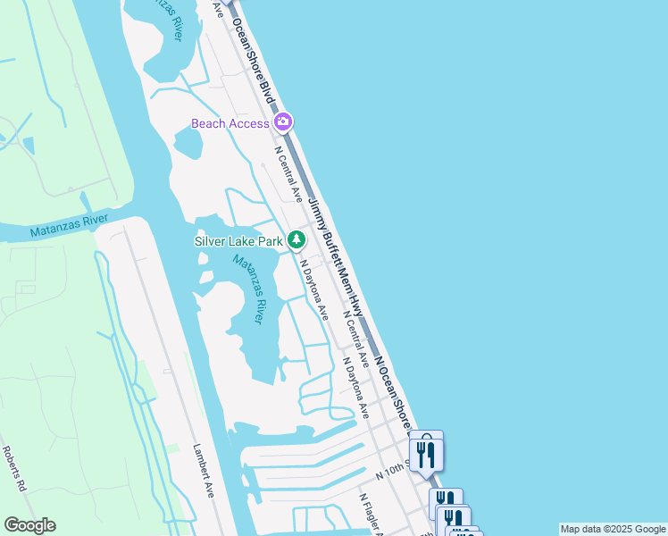 map of restaurants, bars, coffee shops, grocery stores, and more near 1601 North Oceanshore Boulevard in Flagler Beach