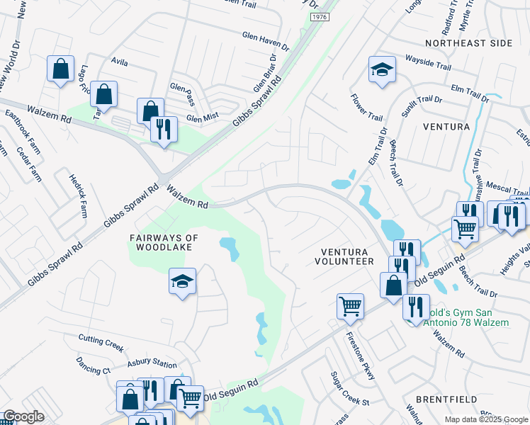 map of restaurants, bars, coffee shops, grocery stores, and more near 7412 Walzem Road in San Antonio