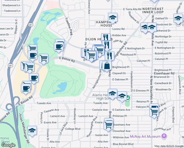 map of restaurants, bars, coffee shops, grocery stores, and more near 970 East Basse Road in San Antonio