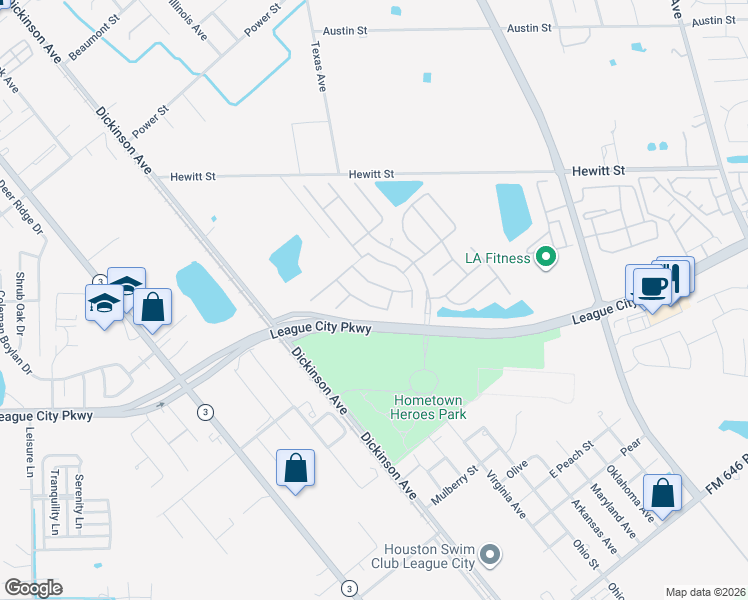 map of restaurants, bars, coffee shops, grocery stores, and more near 1612 Lansing Lane in League City
