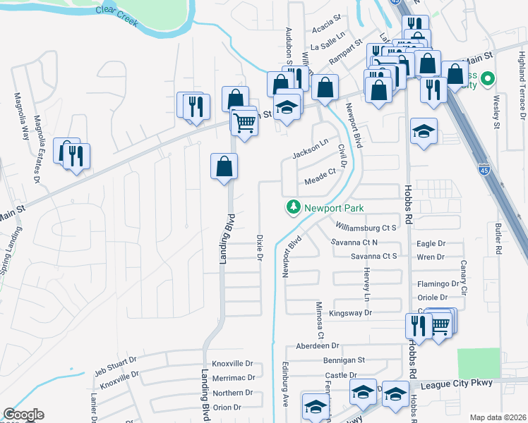 map of restaurants, bars, coffee shops, grocery stores, and more near 504 Dixie Drive in League City