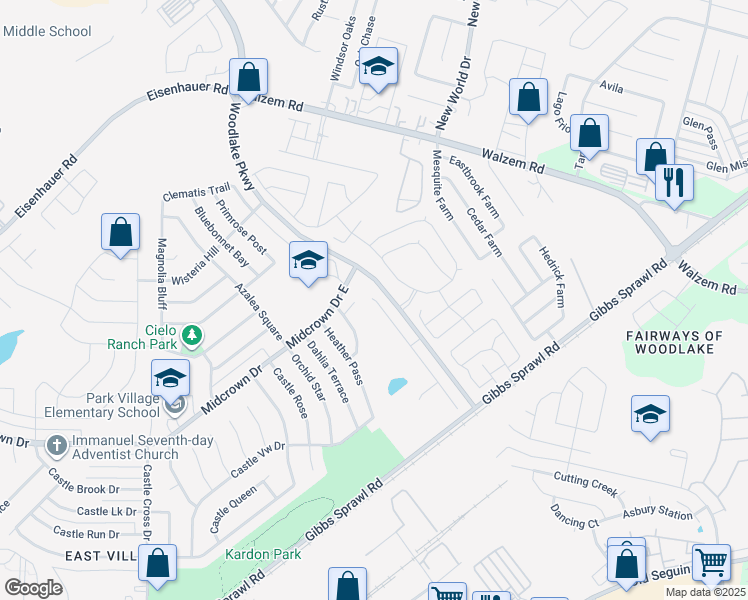 map of restaurants, bars, coffee shops, grocery stores, and more near 7250 Cozy Run in San Antonio