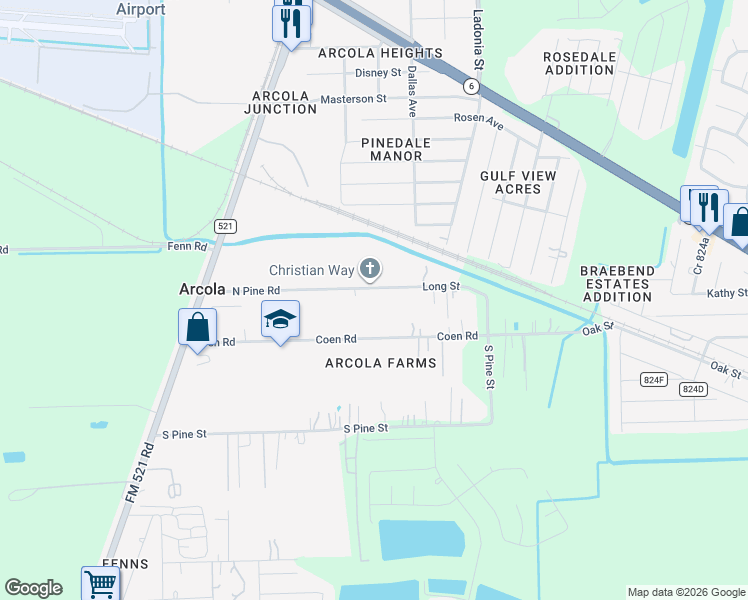 map of restaurants, bars, coffee shops, grocery stores, and more near 546 North Pine Street in Rosharon