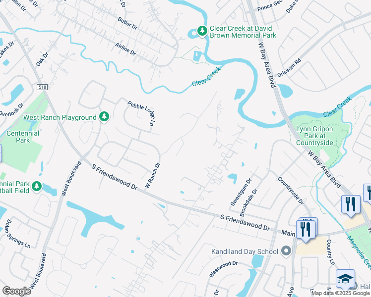 map of restaurants, bars, coffee shops, grocery stores, and more near 220 Salmon Creek Lane in Friendswood