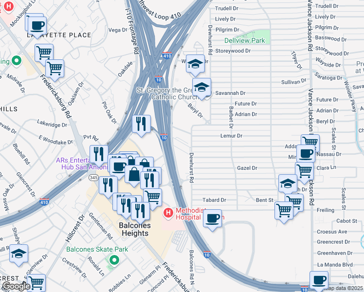 map of restaurants, bars, coffee shops, grocery stores, and more near 6945 Interstate 10 in San Antonio
