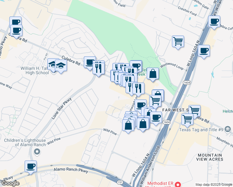 map of restaurants, bars, coffee shops, grocery stores, and more near 11022 Culebra Road in San Antonio