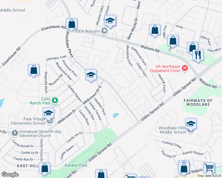 map of restaurants, bars, coffee shops, grocery stores, and more near 7250 Cozy Run in San Antonio