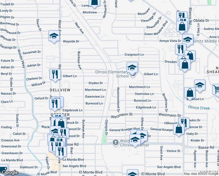 map of restaurants, bars, coffee shops, grocery stores, and more near 4514 Neer Avenue in San Antonio