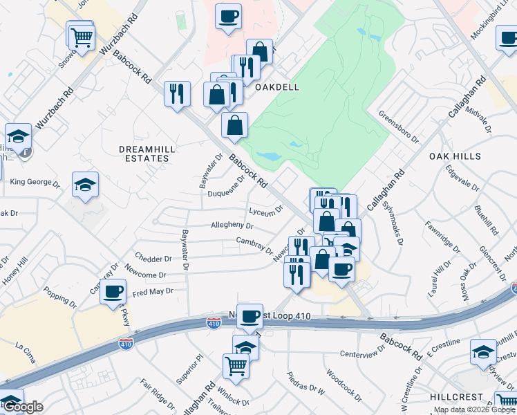 map of restaurants, bars, coffee shops, grocery stores, and more near 6911 Accolon Drive in San Antonio