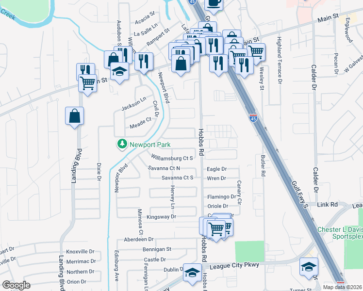 map of restaurants, bars, coffee shops, grocery stores, and more near 2017 Fairfield Court South in League City