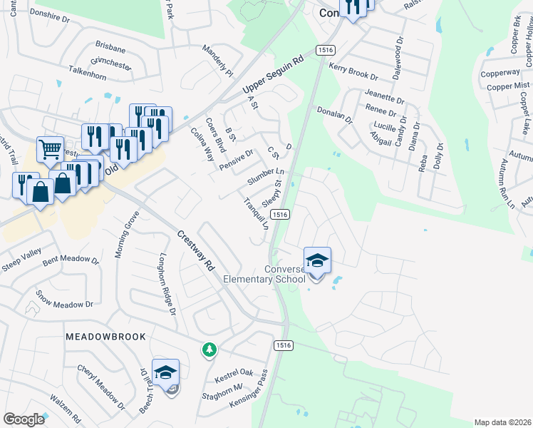 map of restaurants, bars, coffee shops, grocery stores, and more near 8810 Sleepy Street in Converse