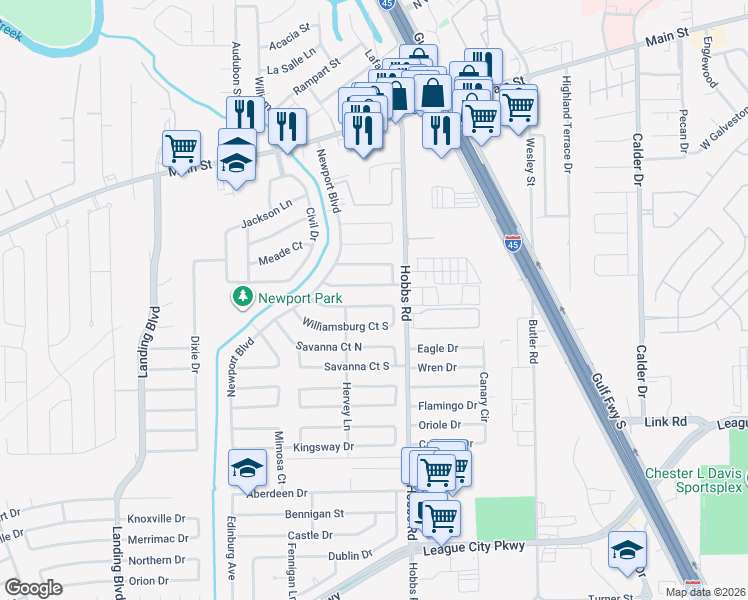 map of restaurants, bars, coffee shops, grocery stores, and more near 2003 Fairfield Court South in League City