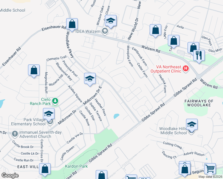 map of restaurants, bars, coffee shops, grocery stores, and more near 7250 Cozy Run in San Antonio