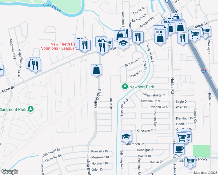 map of restaurants, bars, coffee shops, grocery stores, and more near 505 Dixie Drive in League City