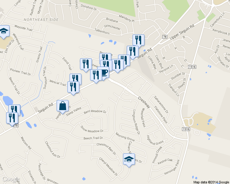 map of restaurants, bars, coffee shops, grocery stores, and more near 6715 Cypress Mist Drive in Converse