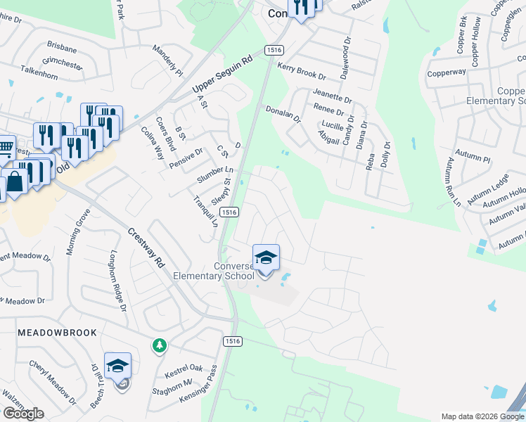 map of restaurants, bars, coffee shops, grocery stores, and more near 6914 Stipe Lane in Converse