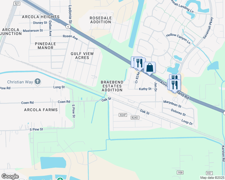 map of restaurants, bars, coffee shops, grocery stores, and more near 1106 Kathy Street in Rosharon