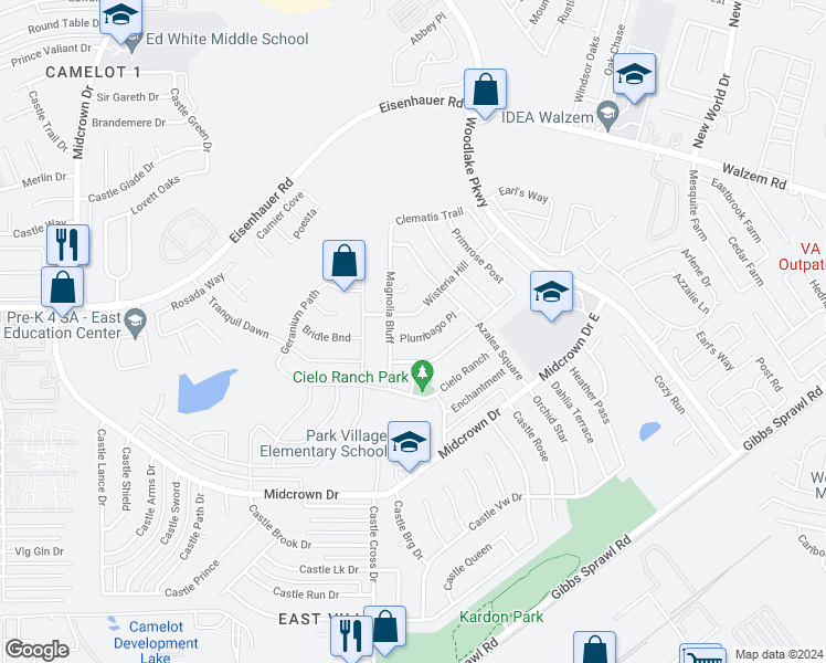 map of restaurants, bars, coffee shops, grocery stores, and more near 6027 Plumbago Place in San Antonio