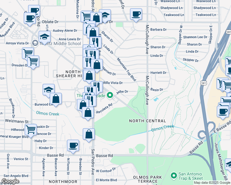 map of restaurants, bars, coffee shops, grocery stores, and more near 215 Jackson Keller Road in San Antonio