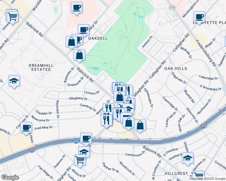 map of restaurants, bars, coffee shops, grocery stores, and more near Main in San Antonio
