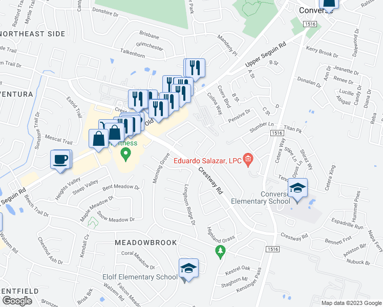 map of restaurants, bars, coffee shops, grocery stores, and more near 8702 Tarin Point in Converse