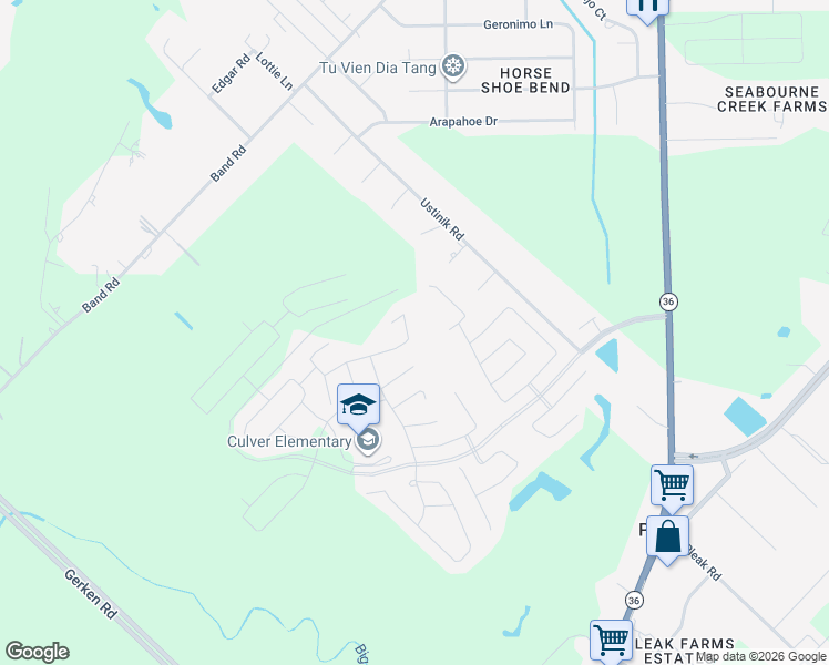 map of restaurants, bars, coffee shops, grocery stores, and more near 4323 Greeley Lane in Rosenberg