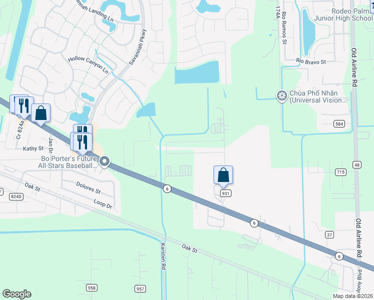map of restaurants, bars, coffee shops, grocery stores, and more near 131 Des Moines Court in Rosharon