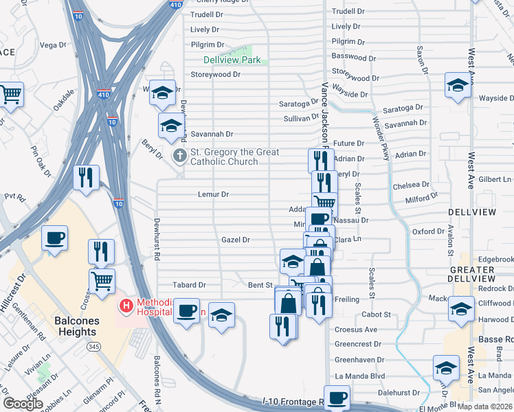 map of restaurants, bars, coffee shops, grocery stores, and more near 215 Addax Drive in San Antonio
