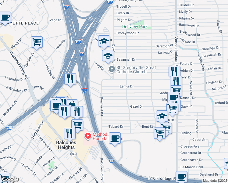 map of restaurants, bars, coffee shops, grocery stores, and more near 335 Addax Drive in San Antonio