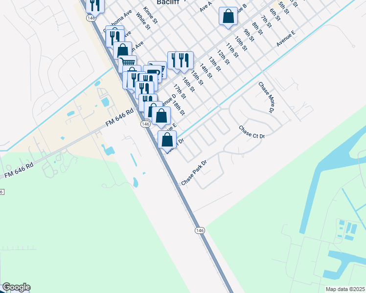 map of restaurants, bars, coffee shops, grocery stores, and more near 4815 Moody Reef Drive in Bacliff