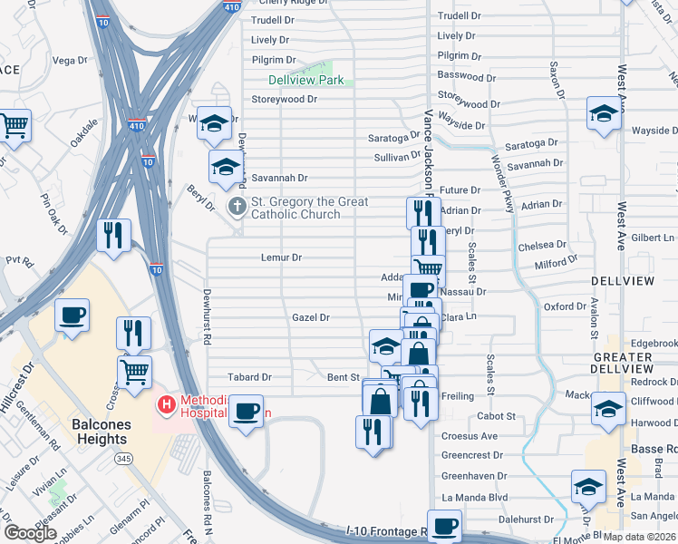 map of restaurants, bars, coffee shops, grocery stores, and more near 215 Addax Drive in San Antonio