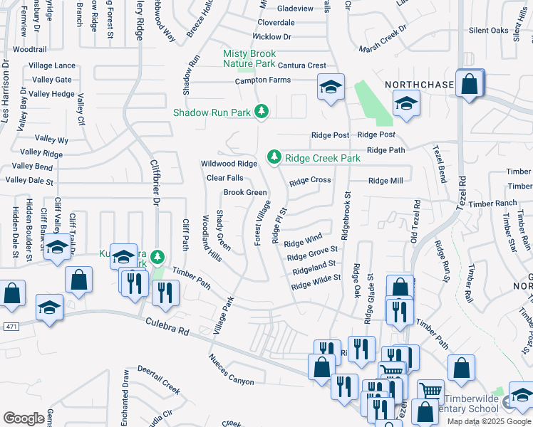 map of restaurants, bars, coffee shops, grocery stores, and more near 6443 Forest Village in San Antonio