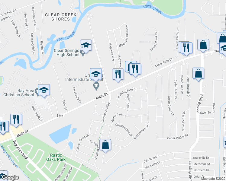 map of restaurants, bars, coffee shops, grocery stores, and more near 3952 West Main Street in League City