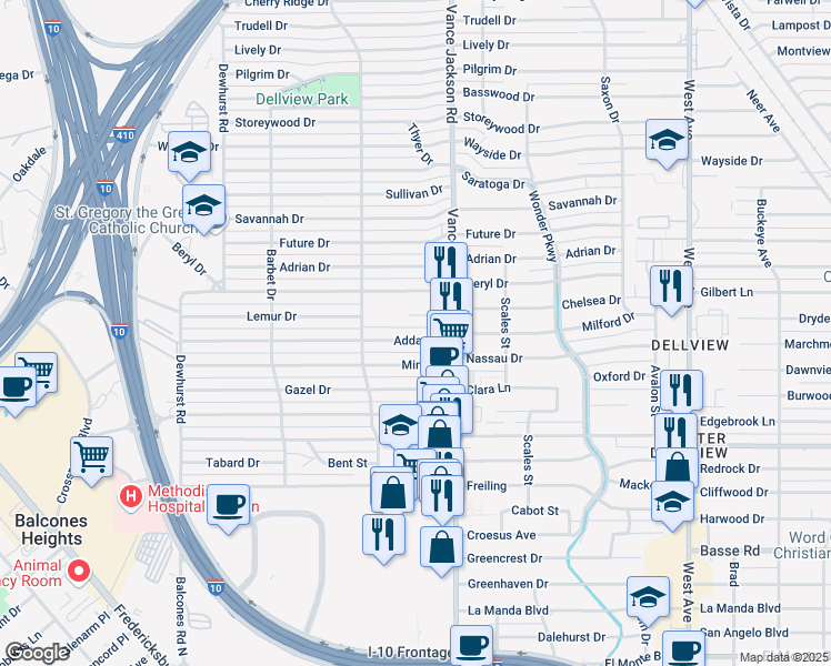 map of restaurants, bars, coffee shops, grocery stores, and more near 119 Addax Drive in San Antonio