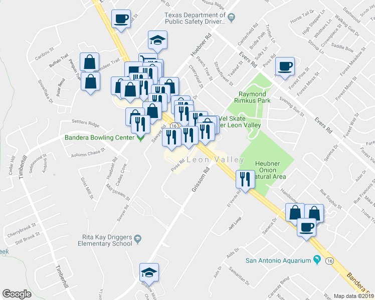 map of restaurants, bars, coffee shops, grocery stores, and more near 6757 Poss Road in San Antonio