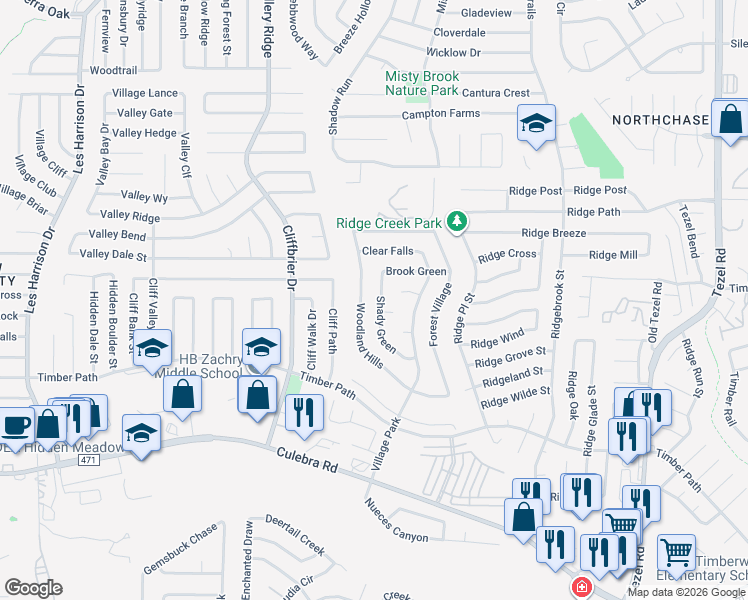 map of restaurants, bars, coffee shops, grocery stores, and more near 9627 Woodland Hills in San Antonio